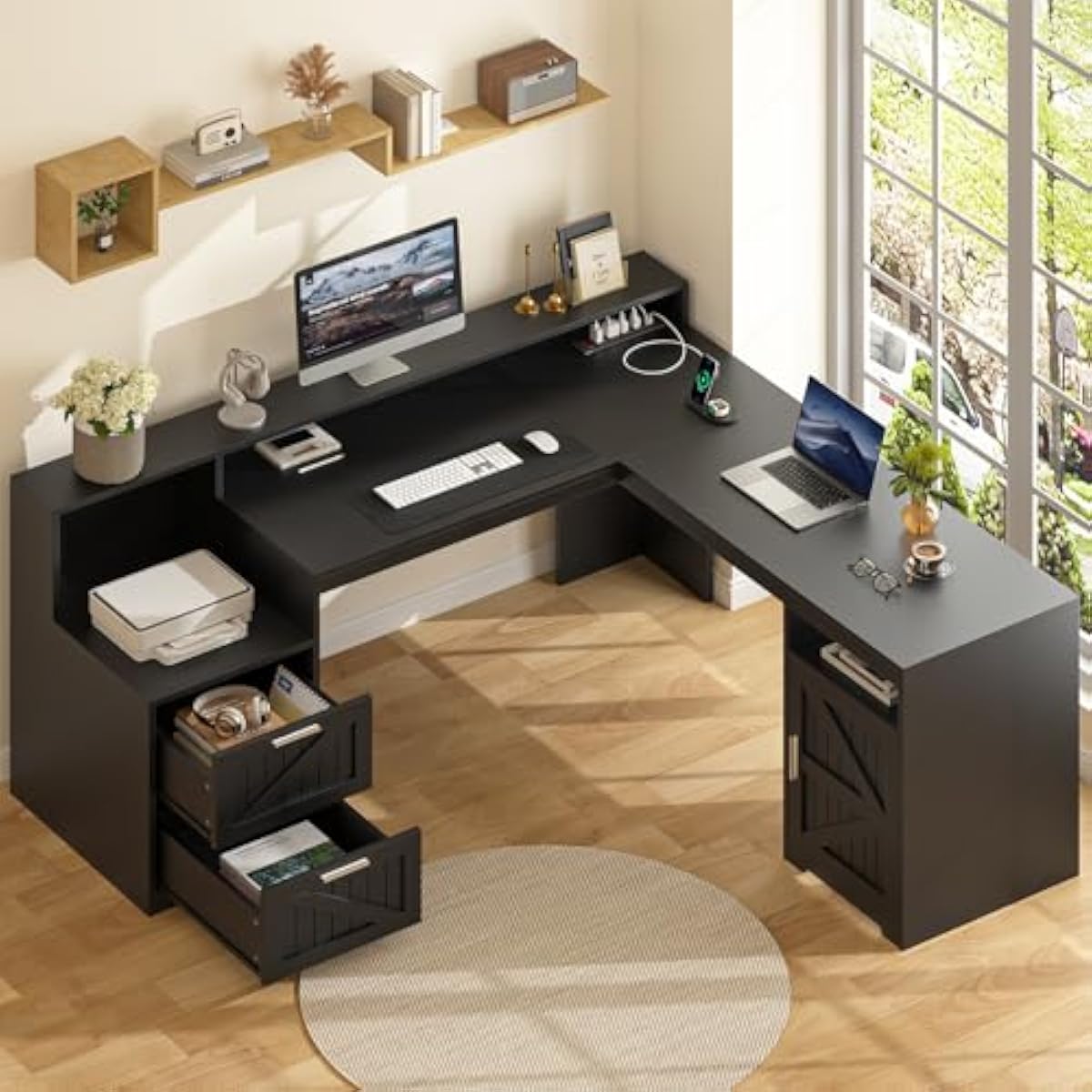 63 Inch L-Shaped Modern Desk w - Commercial Printer 评论和价格